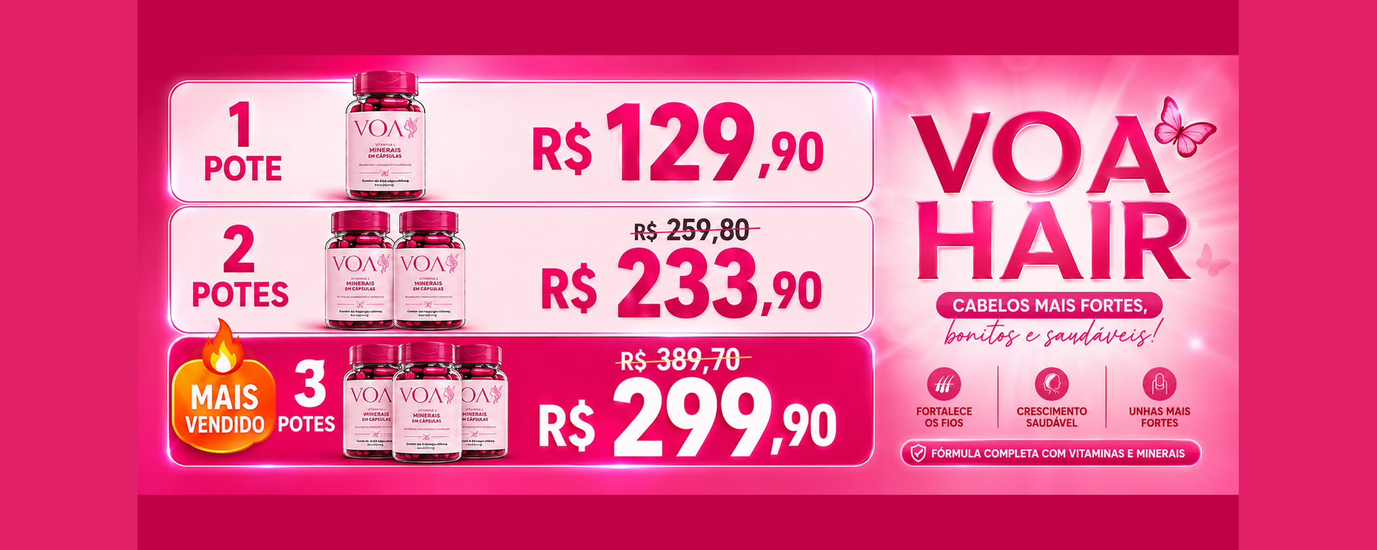 VOA Hair — 1 pote R$ 129,90, 2 potes R$ 233,90, 3 potes R$ 299,90